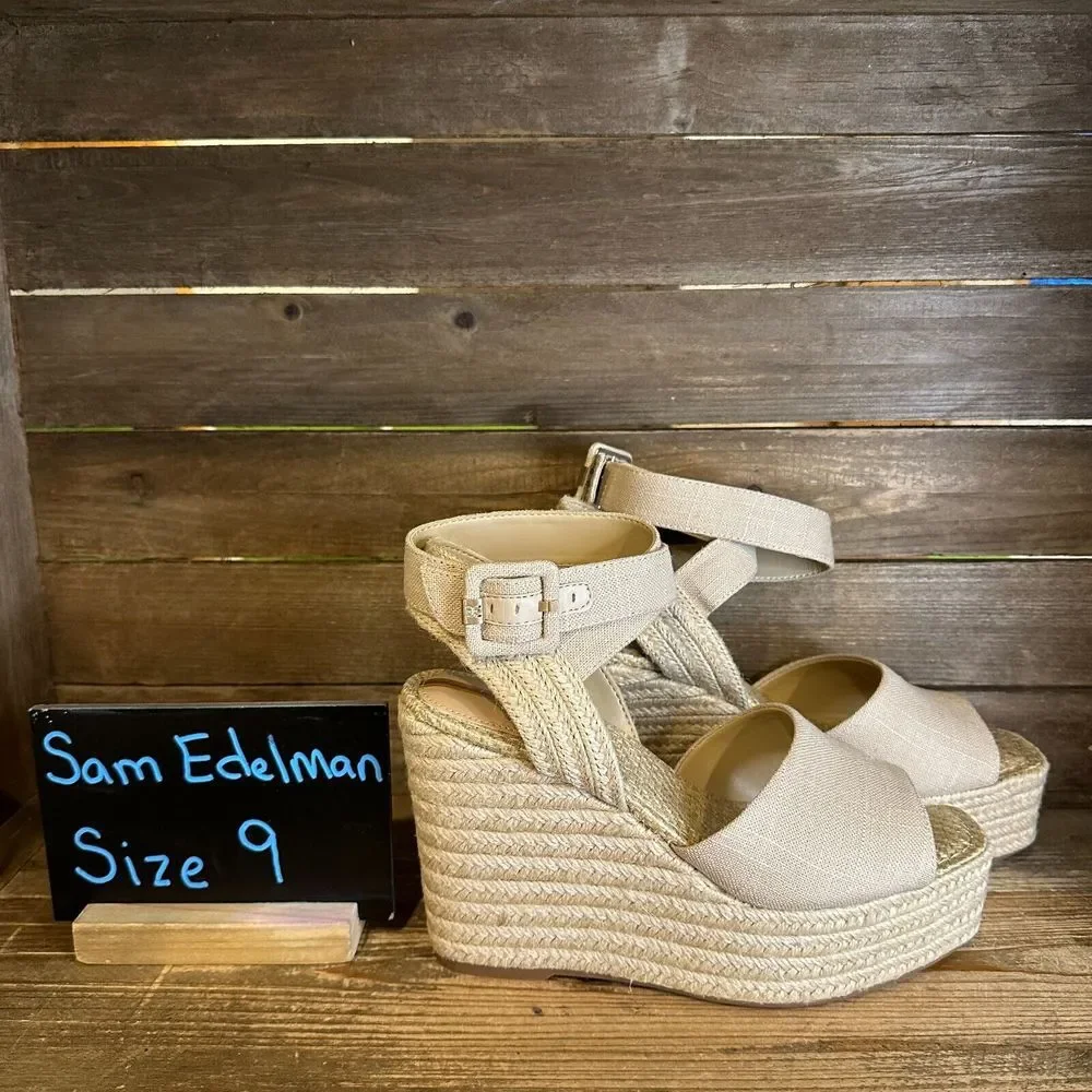 New NIB Womens Sam Edelman Vada Weave Beige Wedge Heeled Sandals Shoes Size 9 M‎